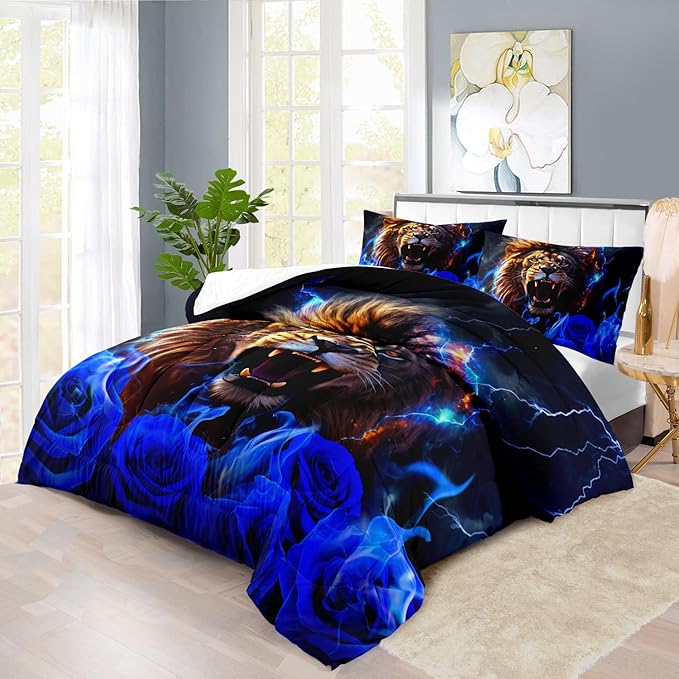 Lion Blue Comforter Set Twin,Lion Bedding Set Boys,Animal Print Comforter Bedroom Decor for Home,Vintage Floral Quilt,Blue Flower Bedding Adult,Tiger Quilt Bed Decor Teen