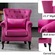Mid Century Accent Chair Modern Button Tufted Armchair Wingback Club Chair Velvet Single Sofa Lounge Chair with Pillow for Living Room Bedroom, Rose Pink
