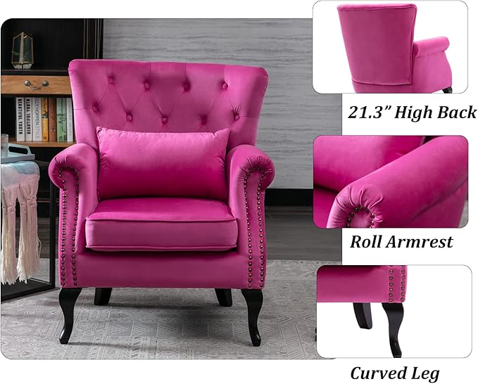 Mid Century Accent Chair Modern Button Tufted Armchair Wingback Club Chair Velvet Single Sofa Lounge Chair with Pillow for Living Room Bedroom, Rose Pink