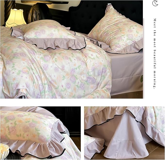 HighBuy Ruffle Floral Duvet Cover Twin Size,Chic Cottagecore Brushed Cotton Comforter Cover Set 3 Piece Coquette Farmhouse Bedding for Teen College,Breathable Durable