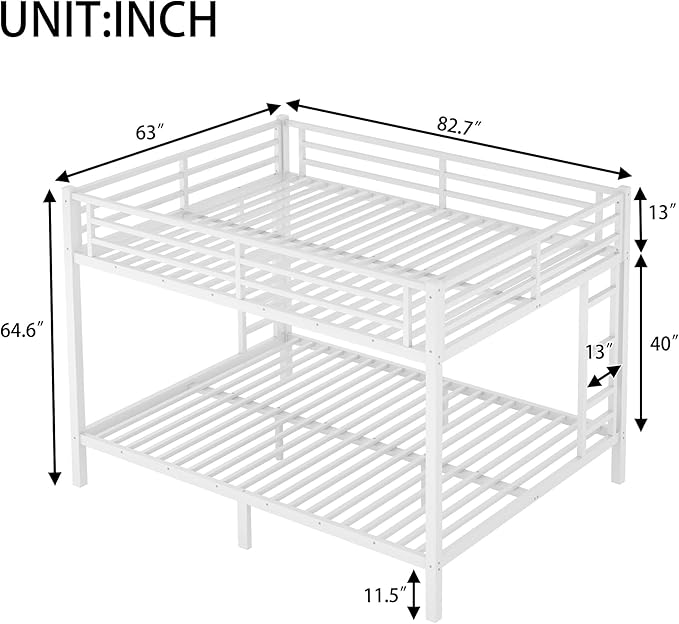 Queen Over Queen Metal Bunk Bed, Heavy Duty Bunk Bed with 2 Ladders, Space Saving Bed for Teens and Adults. Bunk Beds with Full Length Guardrail, White