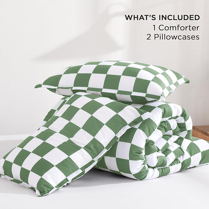 Andency Green Checkered Comforter Queen(90x90Inch), Plaid Gingham Buffalo Grid Bedding Comforter Sets for Boys Kids Teens, 3 Pieces Lightweight Microfiber Geometric Preppy Bed Set