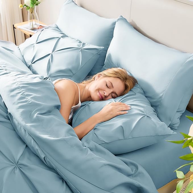 CozyLux Full Size Comforter Sets Light Blue, 7 Pieces Pintuck Bed in A Bag Blue Comforter Full Size, Pinch Pleat Bedding Sets with All Season Comforter, Sheets, Pillowcases & Shams