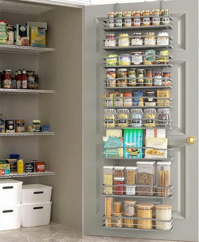 Moforoco Grey 9-Tier Over The Door Pantry Organizer, Pantry Organization and Storage, Black Hanging Basket Wall Spice Rack Seasoning Shelves