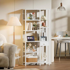 Furologee 6 Tier Bookshelf with USB Ports and Power Outlet, Book Shelf with Charging Station, Bookcase with Drawer, Storage Shelves for Bedroom,Home Office, Living Room, Bathroom, White