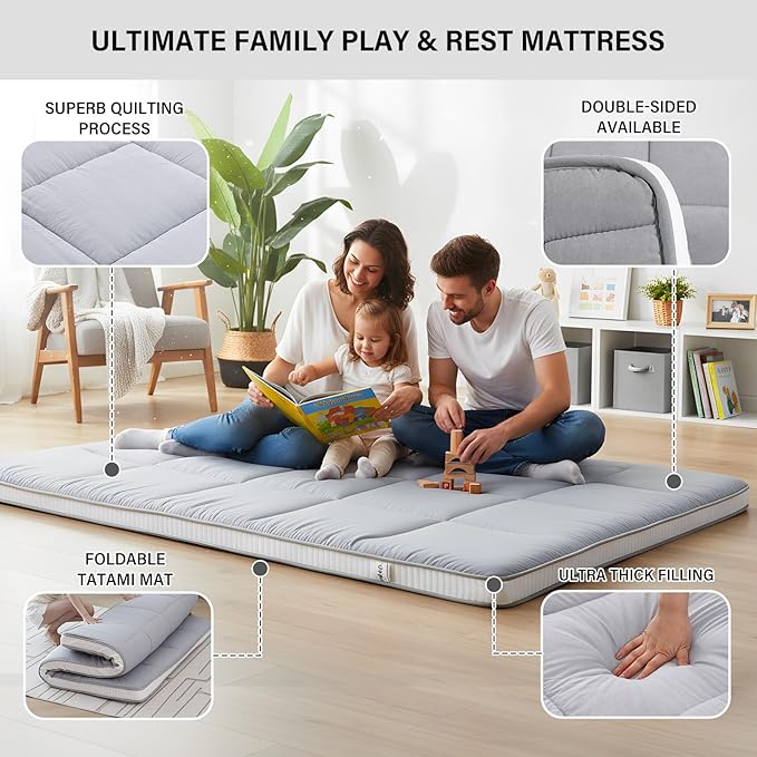 Tiita Queen Memory Foam Mattress Topper, 4" Thicken Futon Floor Mattress with Storage Bag and 2 Straps, Portable Roll Up Travel Car Camping Mattress Sleeping Pad, Grey
