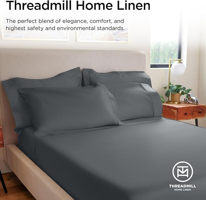 Threadmill 100% Cotton Sheets for Cal King Size Bed - 600 Thread Count Cal King Bed Sheets Set with 16” Deep Pocket - Sateen Weave 4-Piece Bedding Set with Cooling Effect, Dark Grey