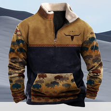 Western Sweatshirts for Men Aztec Cowboy Vintage Graphic Fleece Hoodie Mens Quarter Zip Pullover Country Jacket