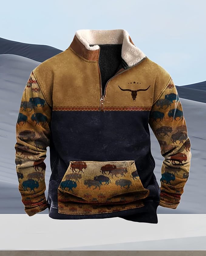 Western Sweatshirts for Men Aztec Cowboy Vintage Graphic Fleece Hoodie Mens Quarter Zip Pullover Country Jacket