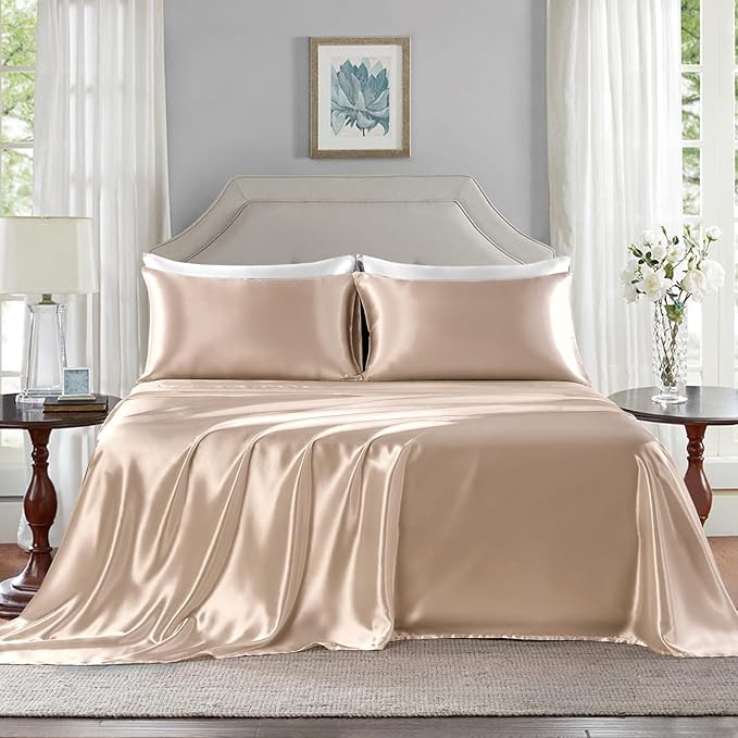 Satin Sheets King Size - 4 Pieces Luxury Silky Soft Bed Sheets, Wrinkle-Free Champagne Satin Silk Sheet Set with 1 Deep Pocket Fitted Sheet, 1 Flat Sheet, 2 Pillow Cases