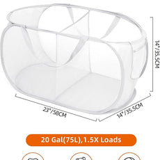 Durable Collapsible Foldable Mesh Pop Up Laundry Basket, 2 Compartments Easy to Carry & Sort Clothes Hampers for Home, Dorm, Travel White