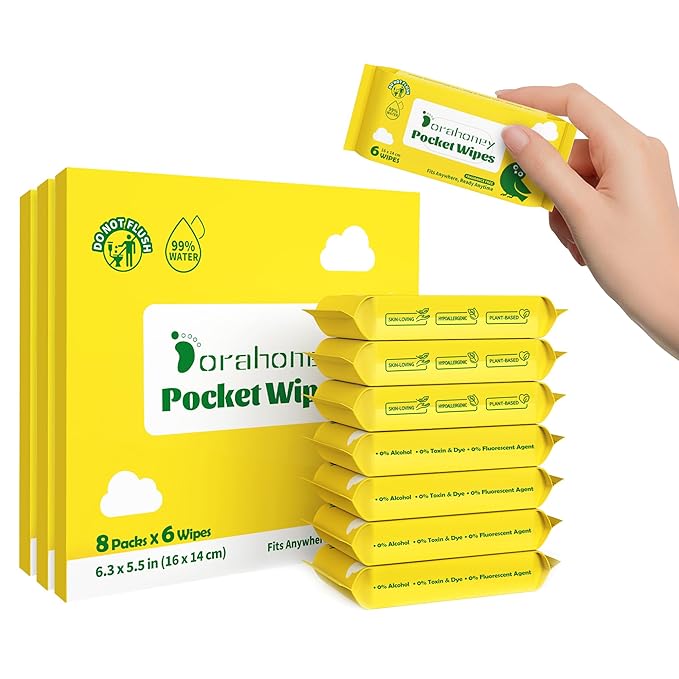 Unscented Travel Wet Wipes, 99% Purified Water Mini Wipes for Sensitive Skin, Hypoallergenic & Plastic-Free Pocket Wipes, 144 Count (24 Packs of 6)