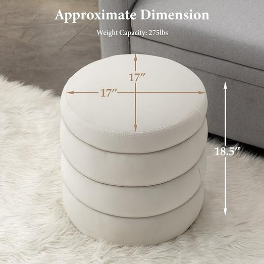 Furniliving Modern Round Ottoman, Soft Bedroom Ottoman Footstool Round Ottomans Stool for Living Room, Bedroom, Makeup Room, White, Velvet