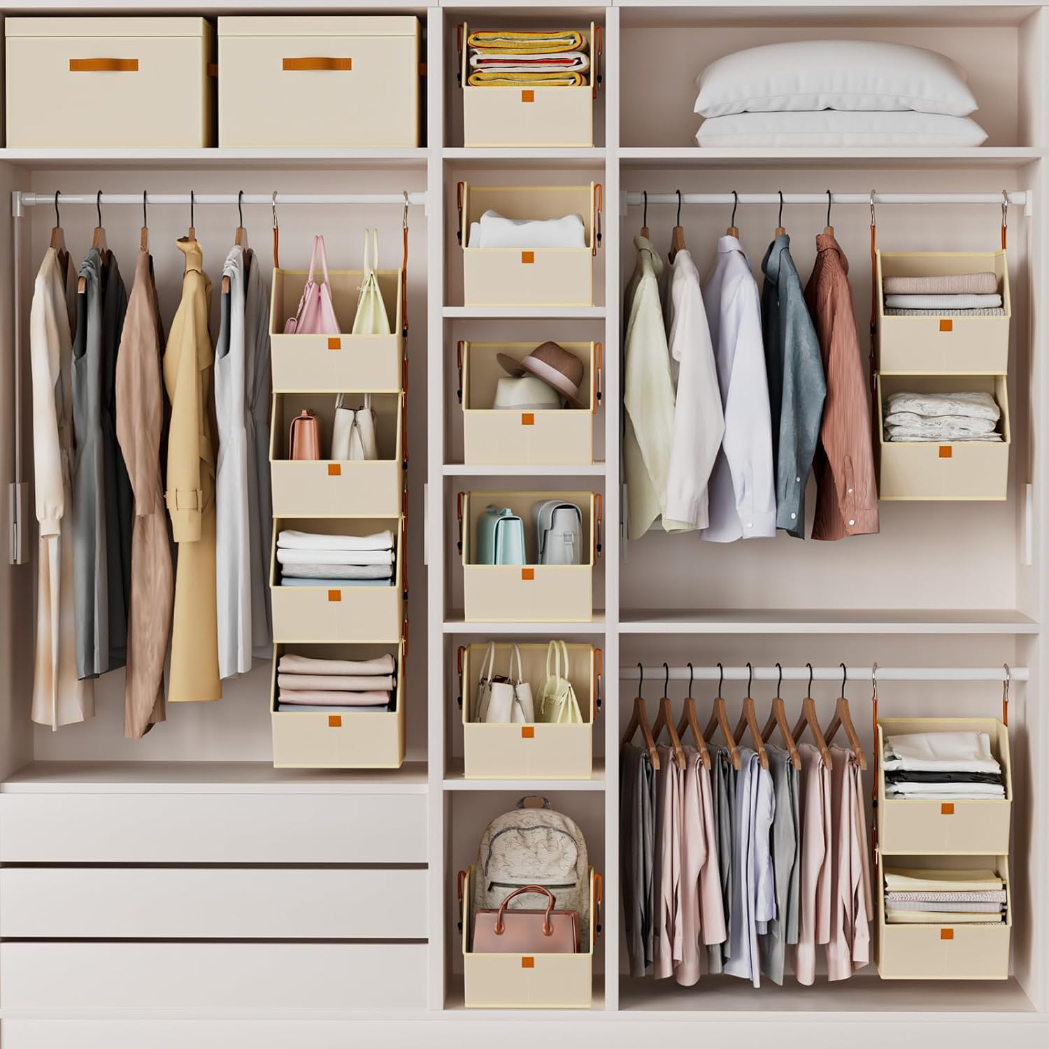 Homsorout Hanging Closet Organizer 4 Tier - Clothes Hanging Shelves, Space-Saving Closet System, Fabric Storage Bins Bedroom Organization, Collapsible Baskets for Home, Dorm, Rv, Beige Dormly