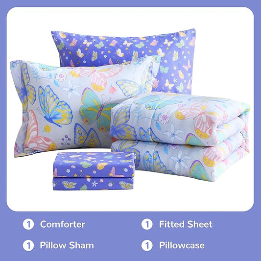 Viviland Kids Twin Bedding Sets for Girls, Soft Twin Comforter Set with Sheets, 5 Pieces Microfiber Bed in a Bag, Colorful Butterfly