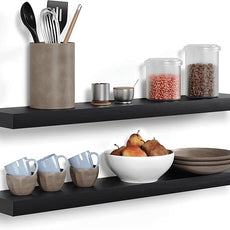 Homeforia Black Floating Shelves 36 inches Long, High End Solid Real Wood 36 inch Floating Shelf for Wall Mounted, Black Wooden 36in Floating Shelves, Heavy Duty Bracket, 36 X 6.5 X 1.75 in, Set of 3