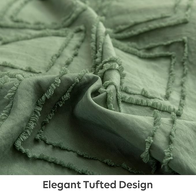 JELLYMONI Duvet Cover King Size Green and White - 3PCS Boho Duvet Cover Set Plaid Polyester Tufted Bohemian Jacquard Knit Textured Comforter Cover 104×90in Rhombic Geometric Pattern Zipper Corner Tie