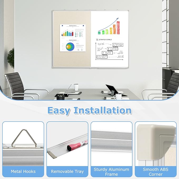 DOLLAR BOSS Foldable Linen Cork Board White Board Combo 60 x 40 in Extra Large Magnetic Whiteboard Dry Erase Bulletin Board Portable Double Sided Aluminum Frame Pin Board for School Office, White