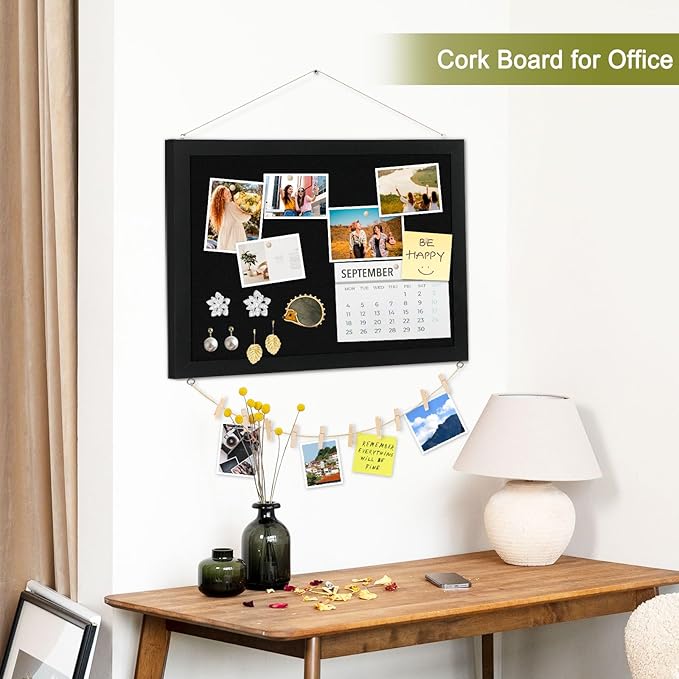 Double-Sided Black Cork Board with Linen, 36" x 24" Hanging Wood Framed Large Bulletin Board, Picture Display Vision Board Kit Corkboards for Wall Room School Office Decor, 20 Pushpins