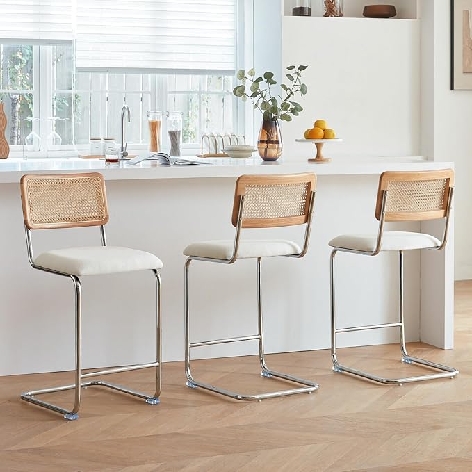 Natural Rattan Counter Height Stools Set of 3 with Solid Wood Back, 24 Inch Mid Century Modern Cesca Bar Stools, White Upholstery Boho Stool for Kitchen Counter with Metal Legs