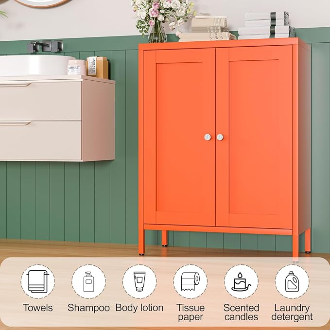 Orange Metal Sideboard Cabinet, Small Bathroom Storage Cabinets, Metal Storage Cabinet with 2 Doors and Adjustable Shelves for Kitchen Dining Room Living Room, Entryway,Office