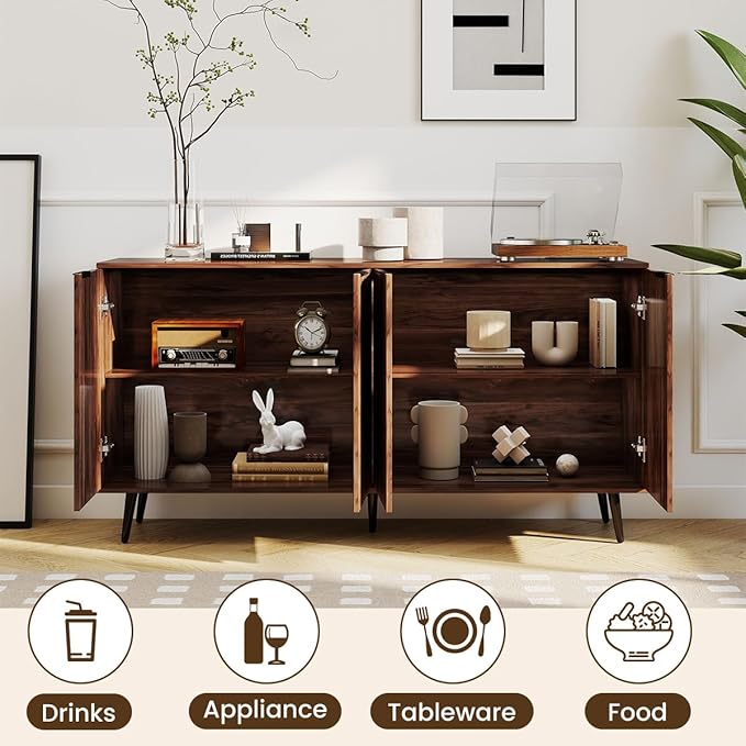COCO DESIGN 61" Buffet Sideboard with Fluted Panel Doors, Power Outlet & Adjustable Shelves, Storage Cabinet with Adjustable Metal Legs, Modern Farmhouse Console for Dining Room Kitchen, Walnut