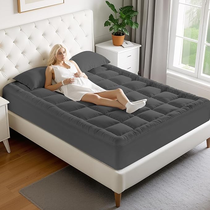 MATBEBY California King Mattress Pad - Cooling Breathable Mattress Topper, Quilted Fitted Mattress Protector, Pillow Top Mattress Cover with 8-21" Deep Pocket, Machine Washable, Dark Grey, Cal King