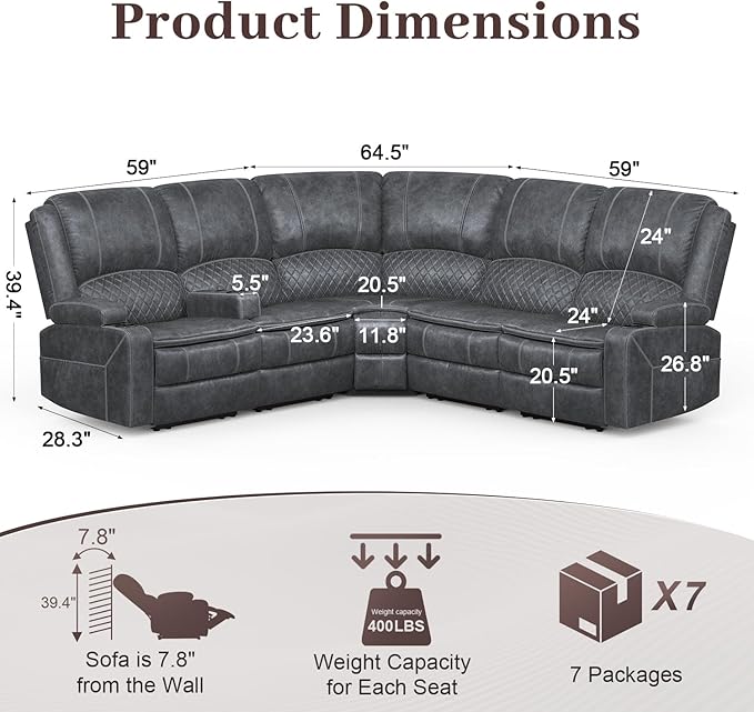 Home Theater Seating Reclining Sectional Sofa, 5 Seats Soft Dutch Velvet Recliner Corner Sectional Couch, Recliner Couch with USB Charging, Thickened Padding, Sturdy Frame, Grey