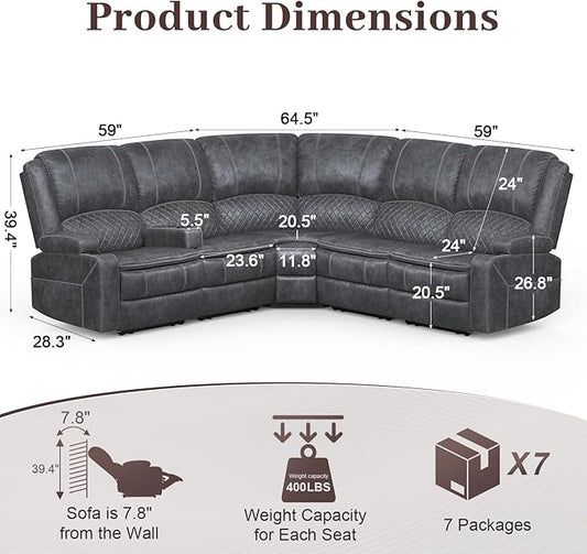 Home Theater Seating Reclining Sectional Sofa, 5 Seats Soft Dutch Velvet Recliner Corner Sectional Couch, Recliner Couch with USB Charging, Thickened Padding, Sturdy Frame, Grey