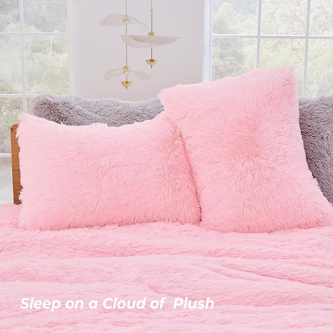 Sasttie 3-Piece Fluffy Duvet Cover King, Ultra Soft Faux Fur and Velvet Pink Comforter Cover, Luxury Fuzzy Bedding Sets for Winter Bed, Includes 1 Duvet Cover and 2 Pillowcases, No Comforter