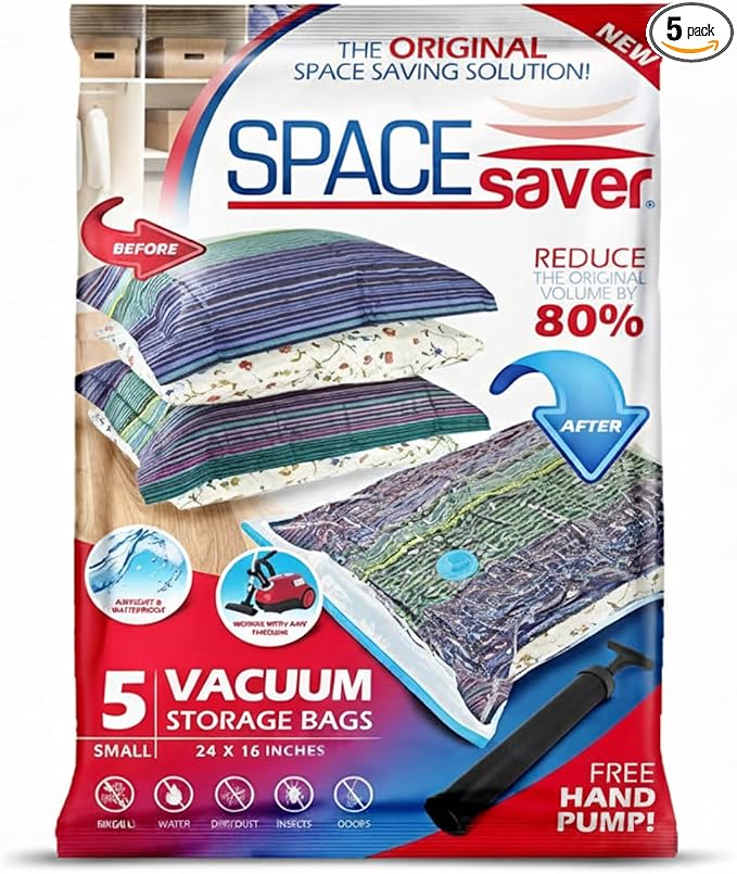 5 Pack Small Vacuum Storage Bags for Comforters, Blankets & Clothes – Vacuum Sealed Compression Bags with Hand Pump – Space Saver Storage Bags for Bedding, Moving, Travel & Organization