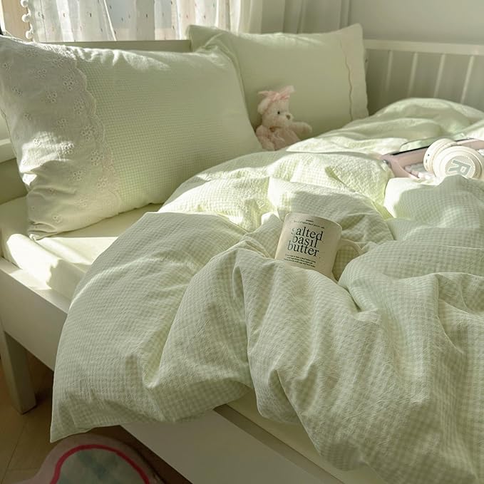 mixinni Green Gingham Duvet Cover Twin Size - 3 Piece Cottagecore Plaid Bedding Set with Lace Trim, Soft Washed Microfiber Vintage Aesthetic Grid Comforter Cover & Pillow Shams, (Green White Gingham)