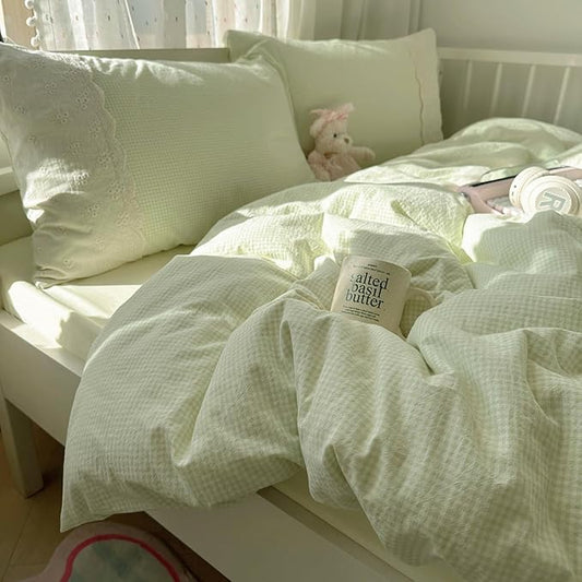 mixinni Green Gingham Duvet Cover King Size - 3 Piece Cottagecore Plaid Bedding Set with Lace Trim, Soft Washed Microfiber Vintage Aesthetic Grid Comforter Cover & Pillow Shams, (Green White Gingham)