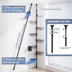 Corner Shower Caddy Tension Pole,Adjustable 30-120 Inch Bathroom Organizer Storage,Rustproof 6-Tier Shower Corner Shelves,Towel Rack, Toothbrush Holder, Soap Dish Organizers