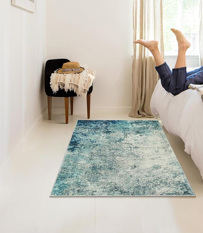 Lahome Modern Abstract Area Rugs 3x5 Washable Rug, Throw Rugs for Entryway Low Pile Anti Slip, Stain Resistance Accent Carpet for Bedroom Kitchen Bathroom Laundry Front Door, Blue/Grey