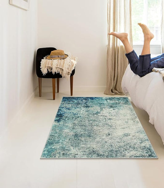 Lahome Modern Abstract Area Rugs 3x5 Washable Rug, Throw Rugs for Entryway Low Pile Anti Slip, Stain Resistance Accent Carpet for Bedroom Kitchen Bathroom Laundry Front Door, Blue/Grey