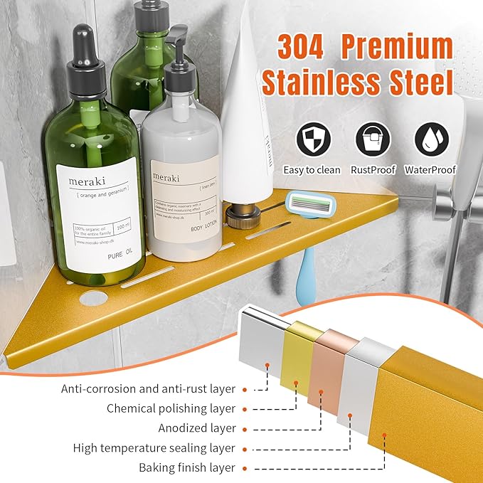 Shower Corner Shelf with Razor Hole,Modern Style Shower Caddy, Sturdy 304 Stainless Steel Shower Organizer,No Drilling Bathroom Corner Shelf for Tile Wall Gold 2 Pack-10