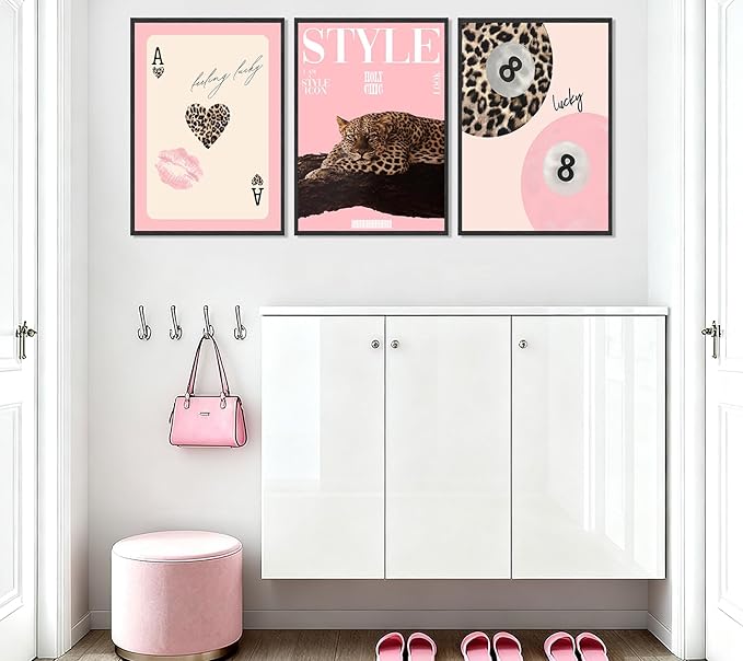 3Pcs Trendy Pink Leopard Wall Art Preppy Leopard Lucky 8 Ball Posters Printings Y2k Coquette Funky Cheetah Aesthetic Room Wall Decor for College Apartment Girls Bedroom Home Decoration 12x16in