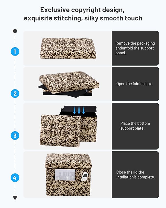 Storage Ottoman Foot Rest Stool, Small Velvet Storage Ottomans Bench, Folding Footstool with Side Pockets, Foot Rest Under Desk for Living Room Bedroom, 17x13x13 in, Leopard Print 2 Pack