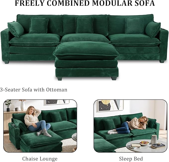 Gexpusm Modular Sectional Sofa,99" Couches for Living Room,Corduroy Sofa with Ottoman & Pillow,Cloud Sectional Couch with Cup Holders & USB,Side Pockets,3-Seat Corduroy Boneless Chair Indoor (Green)