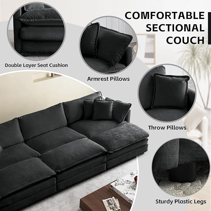 SoarFlash Chenille Sectional Sofa, Comfy Modular Coush Sofa with Ottoman, Modern 3 Seat Recliner Deep Seat Sofa Set for Living Room,Grey