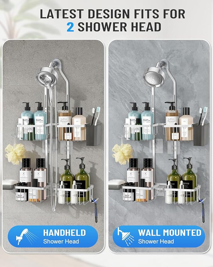 Adjustable Shower Caddy Hanging for Handheld Showerheads - Never Rust Shower Hanging Organizer, Upgraded Bathroom Shower Rack with Soap Basket, Hooks and Toothbrush Holder (Silver)