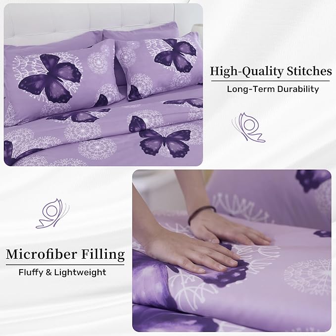 ARTALL Bed in A Bag Full/Queen Size 8 Pieces, Purple Butterfly All Season Bedding Comforter Bed Set with Pillow Shams, Flat Sheet, Fitted Sheet, Bed Skirt, Pillowcases