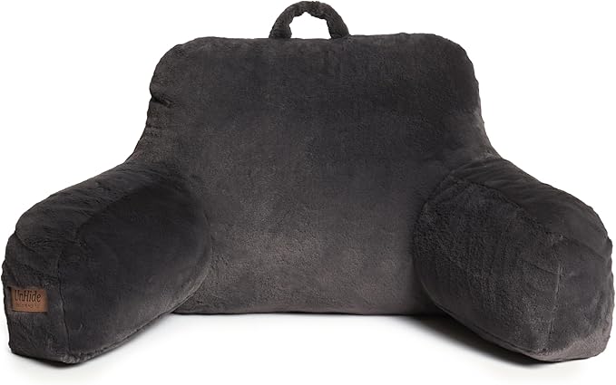 UnHide Squish Backrest Pillow - A Large Pillow with Arms for Sitting Up in Bed, Reading or Lounging - Removable, Washable Faux Fur Cover, Charcoal