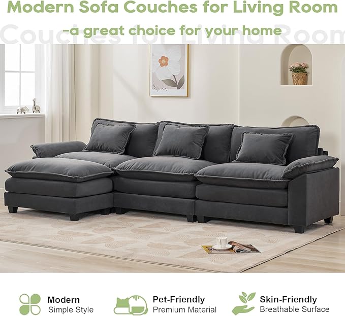 120" Modular Sectional Sofa, Comfy Cloud Couch Sectional Sofa with Ottoman, Velvet Sofa Sleeper Deep Seat Sofa with Throw Pillows for Living Room (Blue Gray, 120"- L Shape)