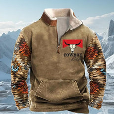 Western Sweatshirts for Men Aztec Cowboy Vintage Graphic Fleece Hoodie Mens Quarter Zip Pullover Country Jacket