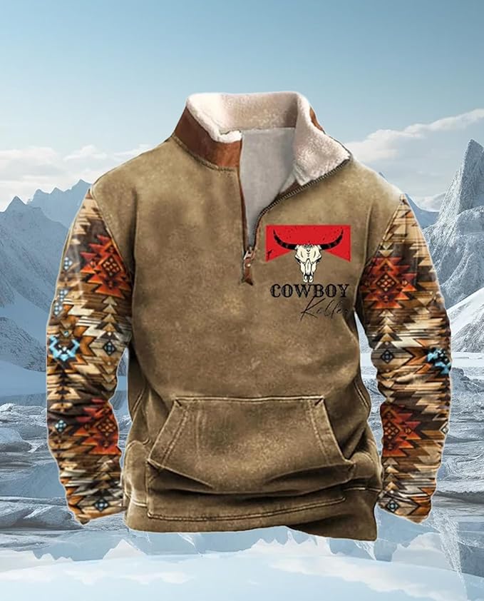 Western Sweatshirts for Men Aztec Cowboy Vintage Graphic Fleece Hoodie Mens Quarter Zip Pullover Country Jacket