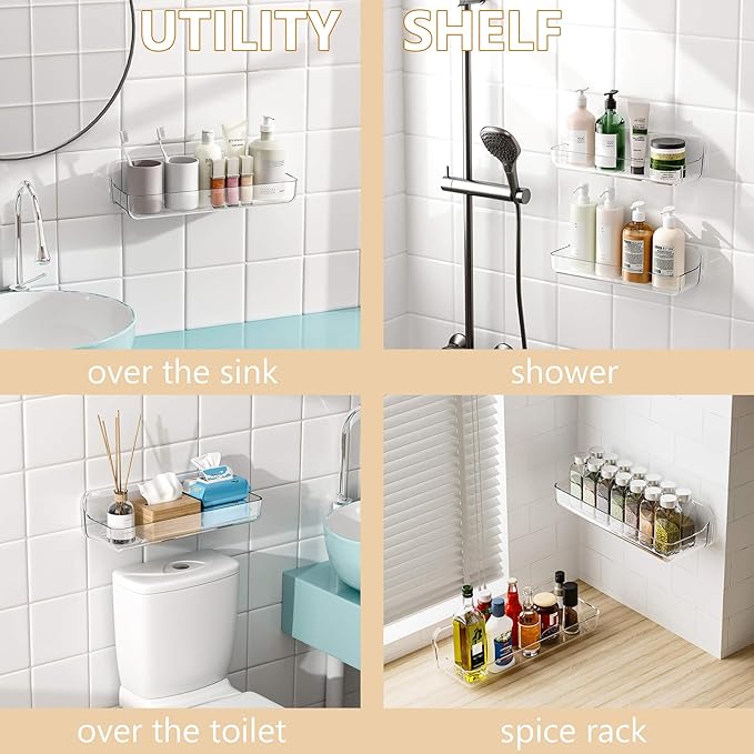UDD Acrylic Clear Shower Caddy Adhesive Shelf, Plastic Shower Organizer with Self Adhesive Tape, No Drilling Wall Mount Shower Shelves for Bathroom Kitchen, Transparent