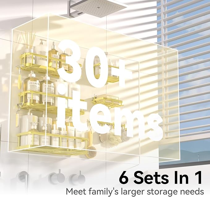 YASONIC Shower Caddy, 6 Pack Large Capacity Bath Organizer with Soap Holder and 12 Hooks, Rustproof Shower Shelves for Inside Shower, No Drilling&Sleek Bathroom Organizers and Storage Gold