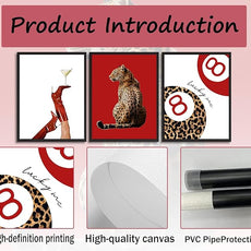 Trendy Leopard Canvas Wall Art Set of 3 Preppy Funky Red Boot Martini 8 Ball Wall Decor Pictures Feminism Aesthetic Cheetah Poster Prints for Girly Bedroom Apartment Decoration 12X16in Unframed